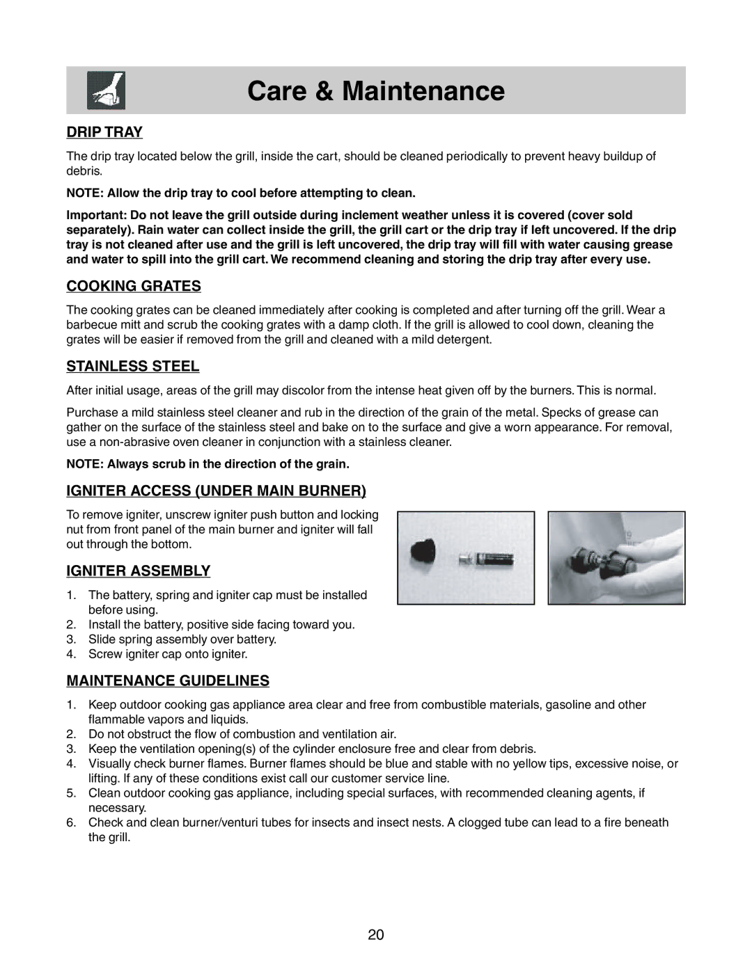 Frigidaire 26 Stainless Steel Outdoor Grill warranty Care & Maintenance 