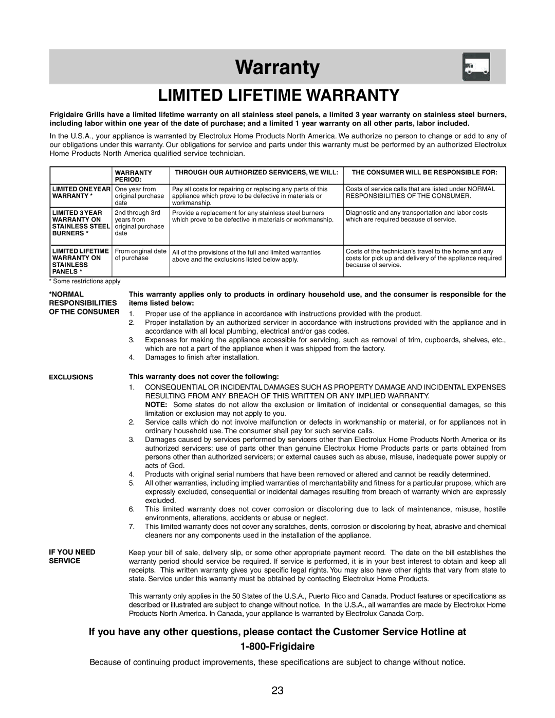 Frigidaire 26 Stainless Steel Outdoor Grill warranty Limited Lifetime Warranty 