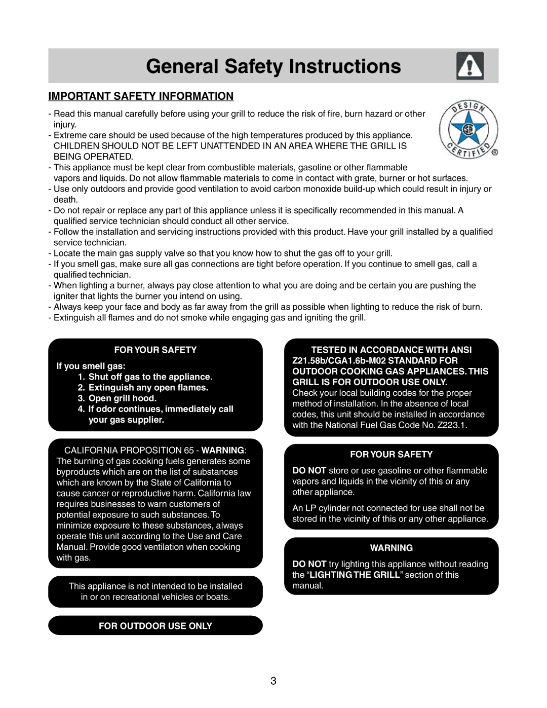 Frigidaire 26 Stainless Steel Outdoor Grill warranty General Safety Instructions, Important Safety Information 