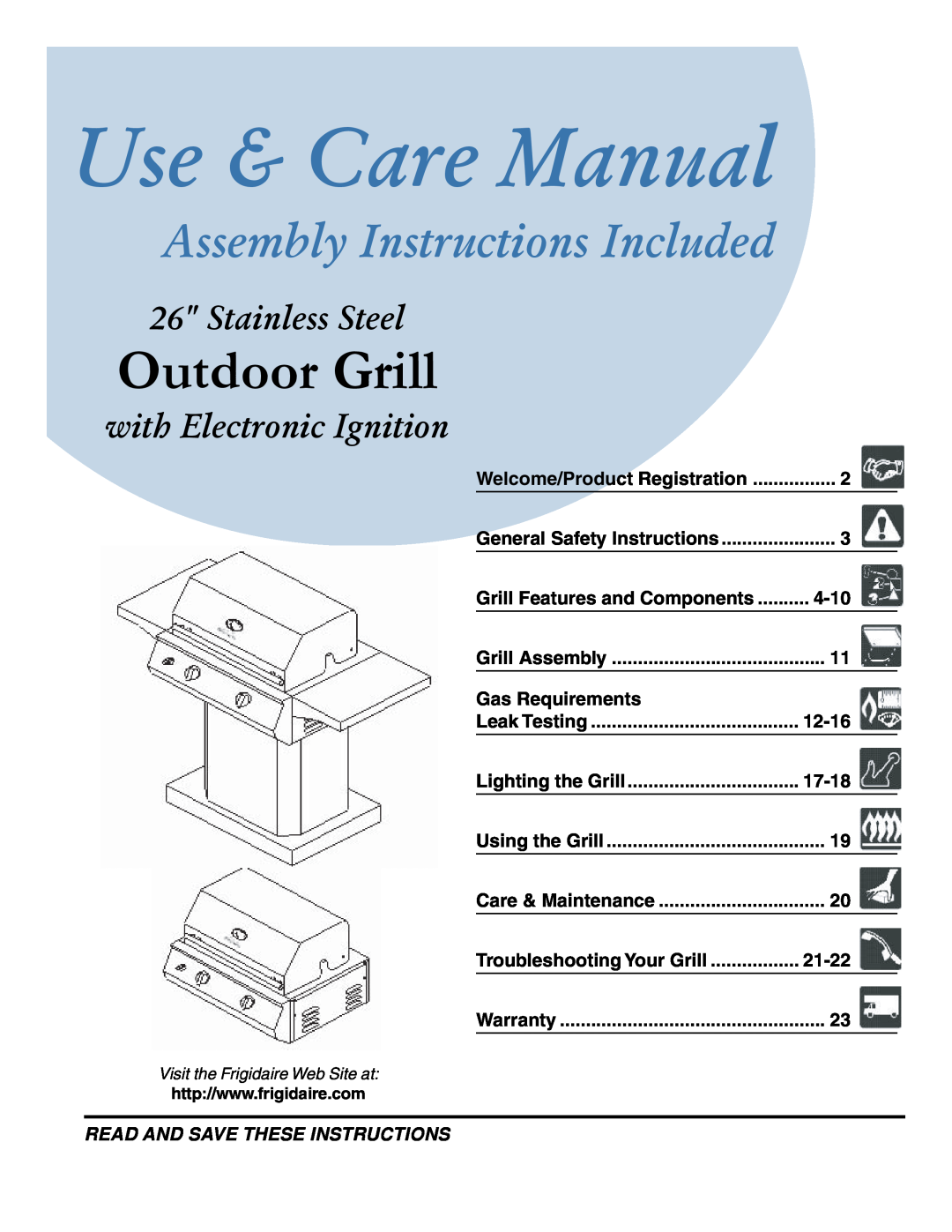 Frigidaire 26" Stainless Steel Outdoor Grill warranty Use & Care Manual, Assembly Instructions Included 