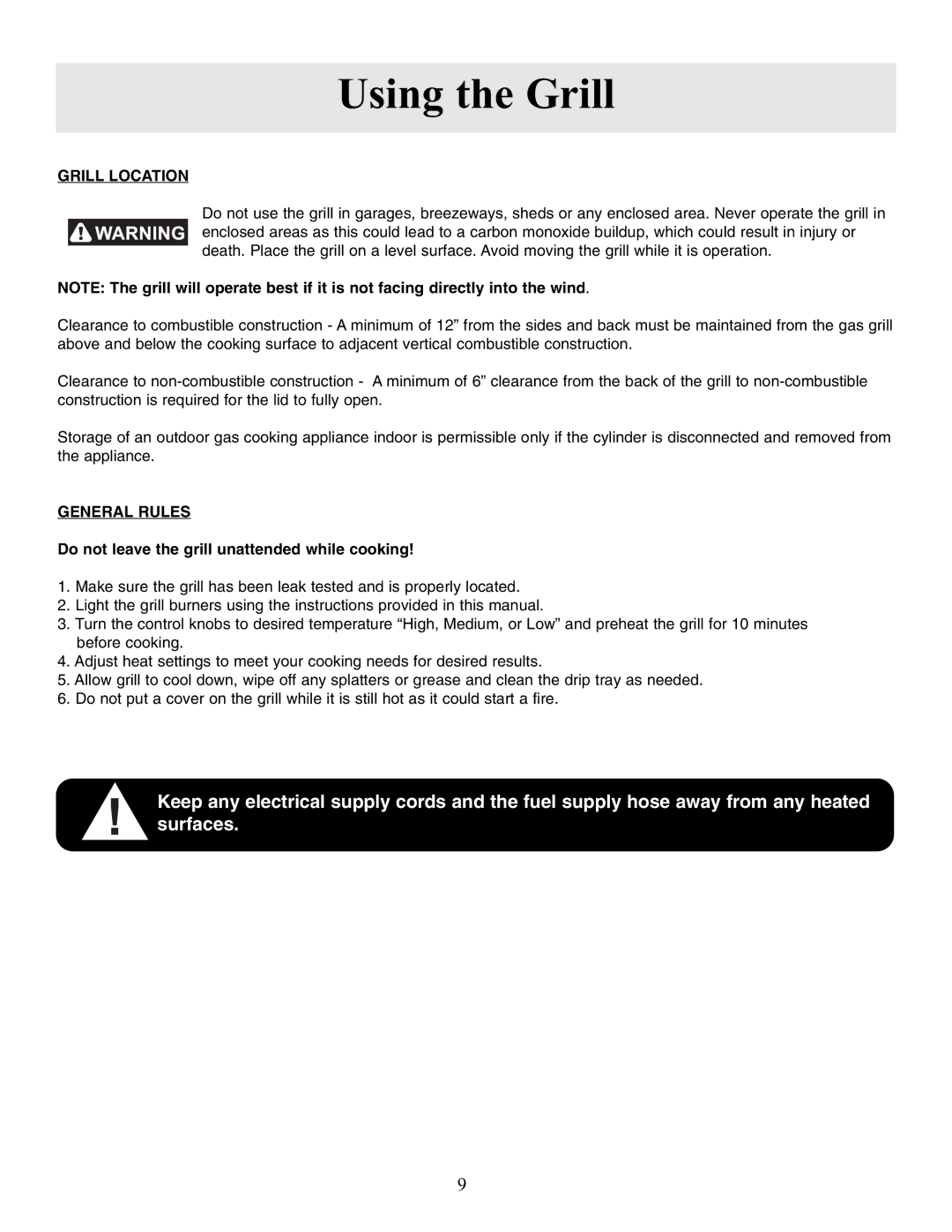 Frigidaire 27 manual Using the Grill, Grill Location, General Rules, Do not leave the grill unattended while cooking 