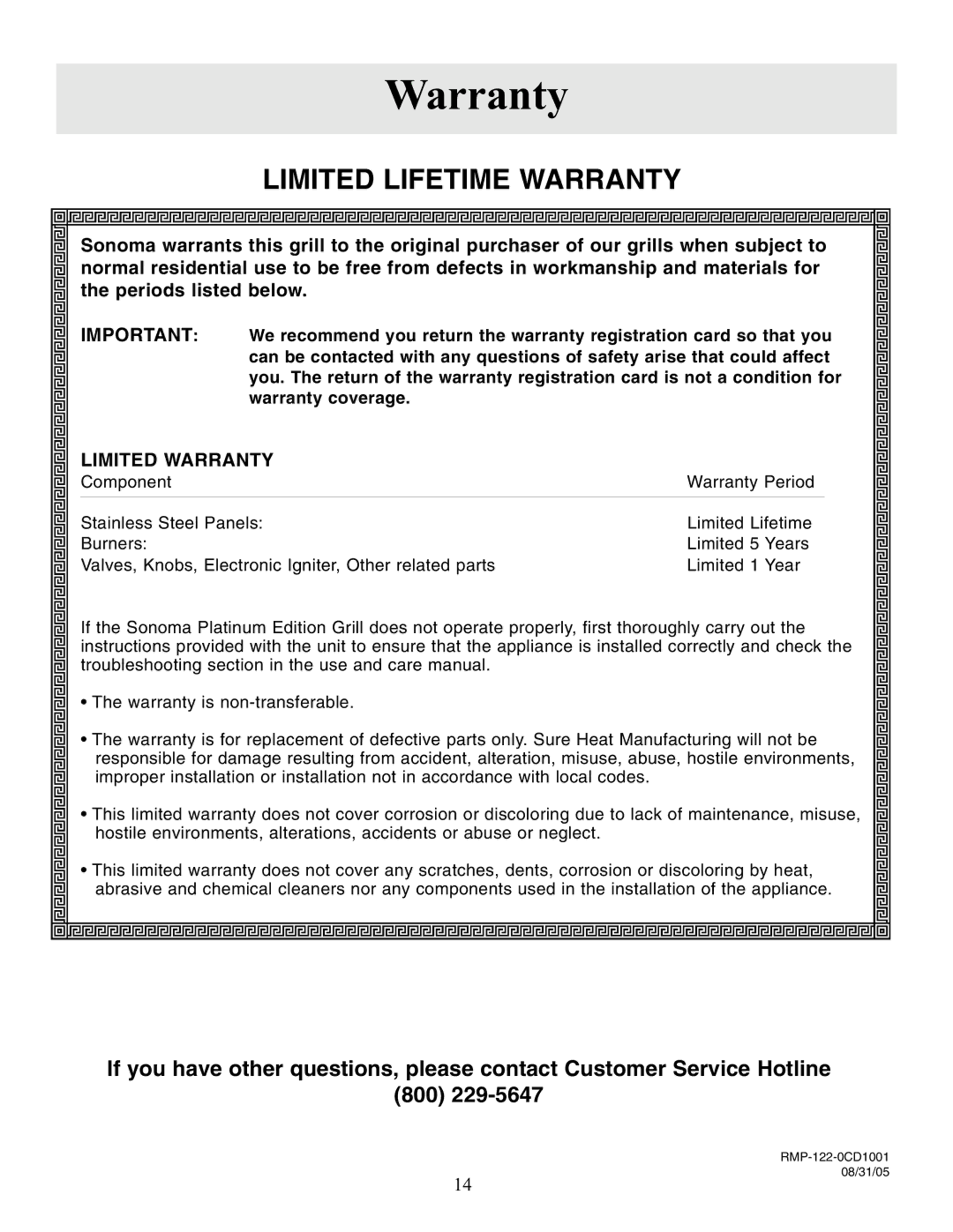 Frigidaire 27 manual Limited Lifetime Warranty 