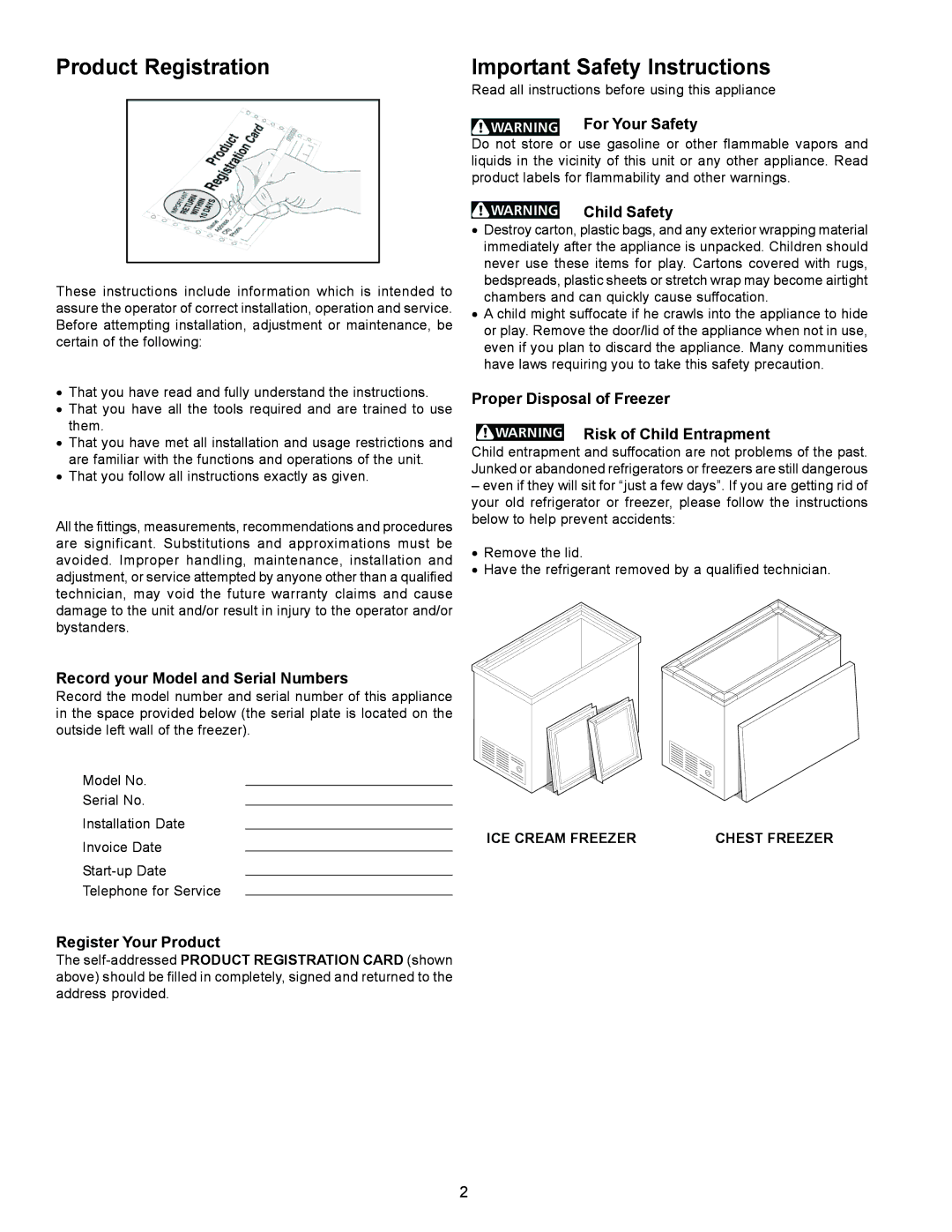 Frigidaire FCCS071FW, 297068500, FCCS151FW important safety instructions Product Registration, Important Safety Instructions 