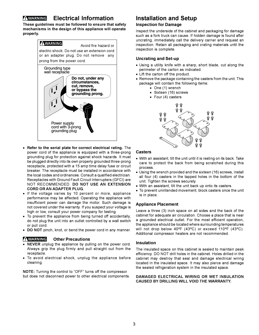 Frigidaire 297068500, FCCS151FW, FCCS071FW important safety instructions Electrical Information, Installation and Setup 