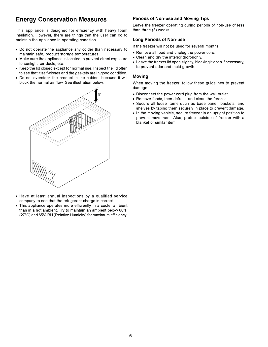 Frigidaire 297068500, FCCS151FW Energy Conservation Measures, Periods of Non-use and Moving Tips, Long Periods of Non-use 