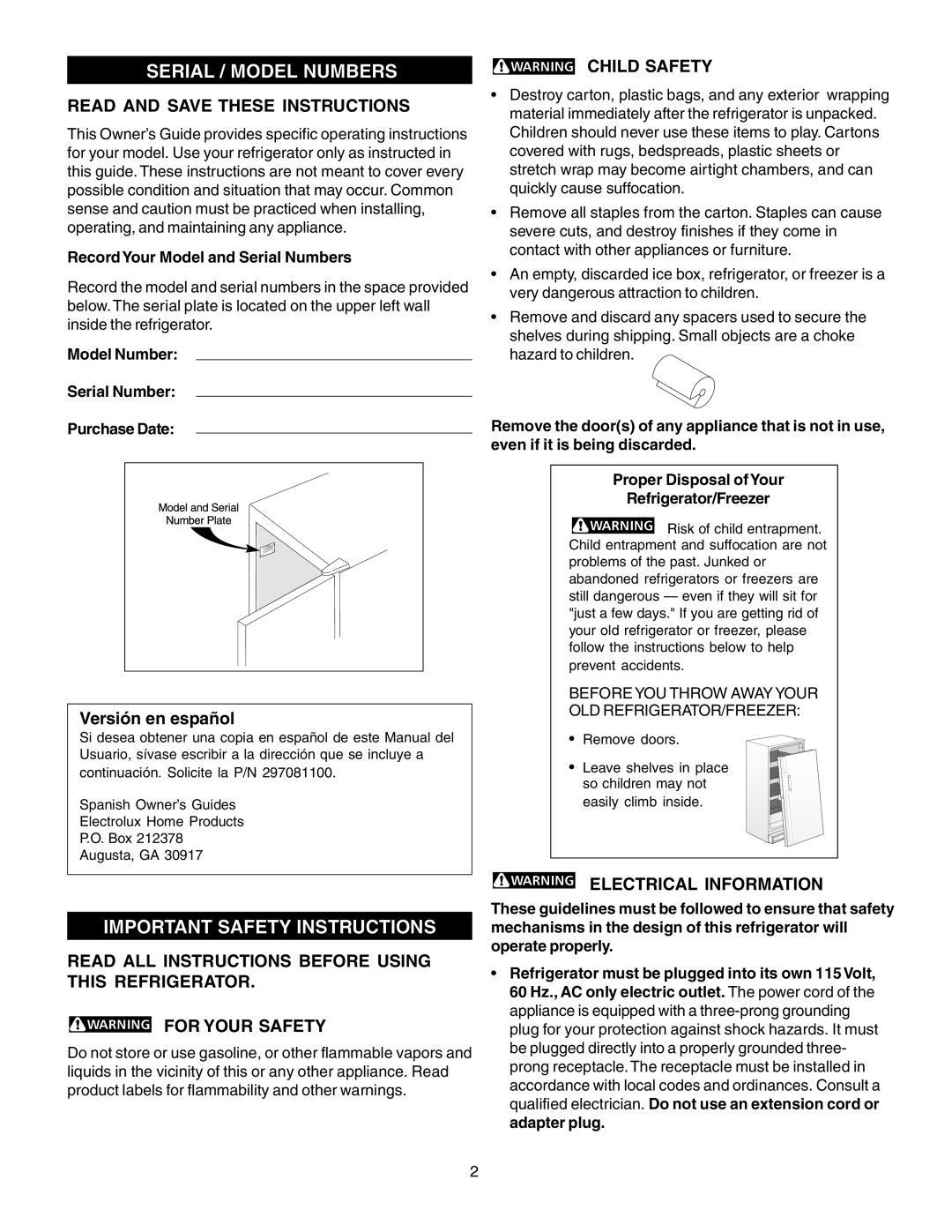 Frigidaire 297081000 Serial / Model Numbers, Important Safety Instructions, Read and Save These Instructions, Child Safety 