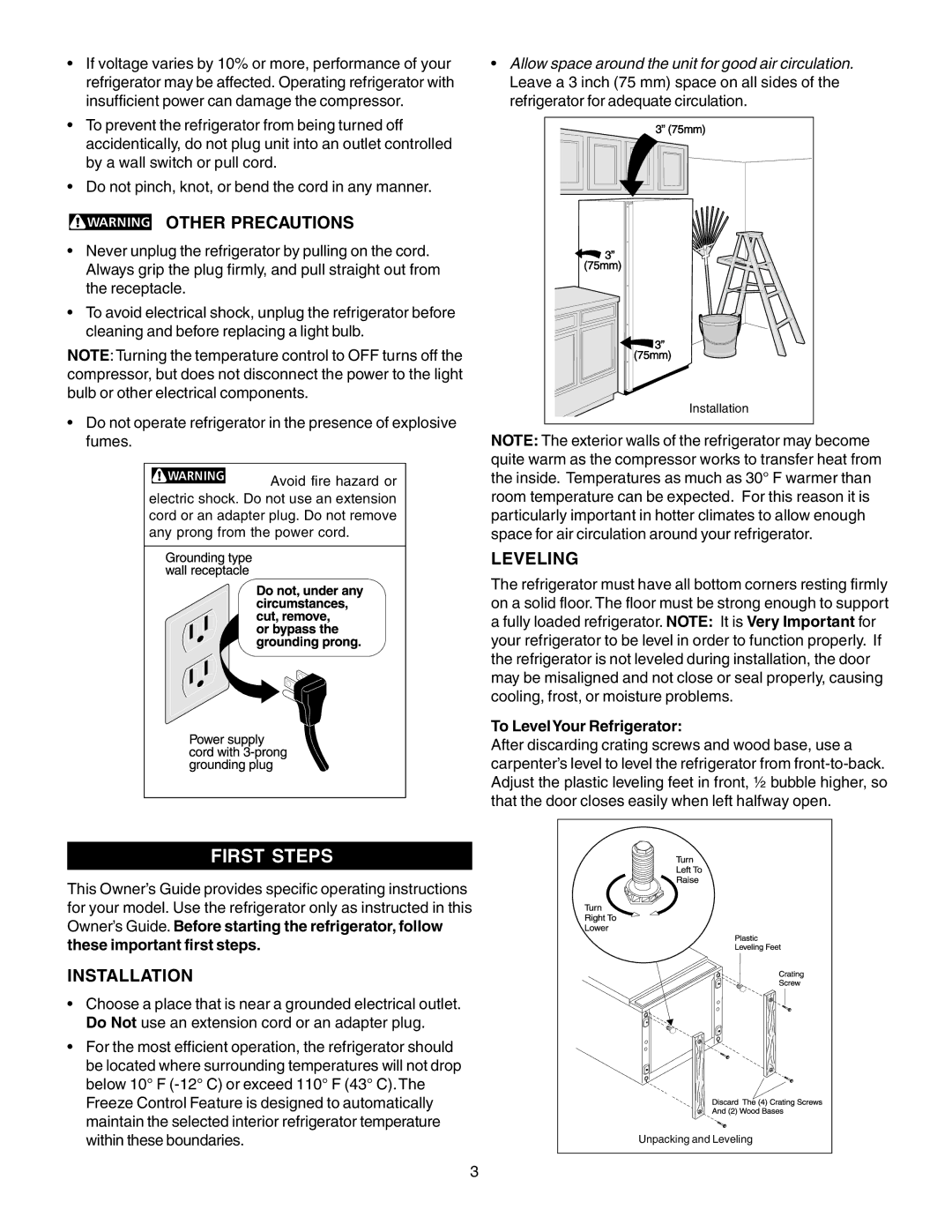 Frigidaire 297081000 warranty First Steps, Other Precautions, Installation, Leveling, To LevelYour Refrigerator 