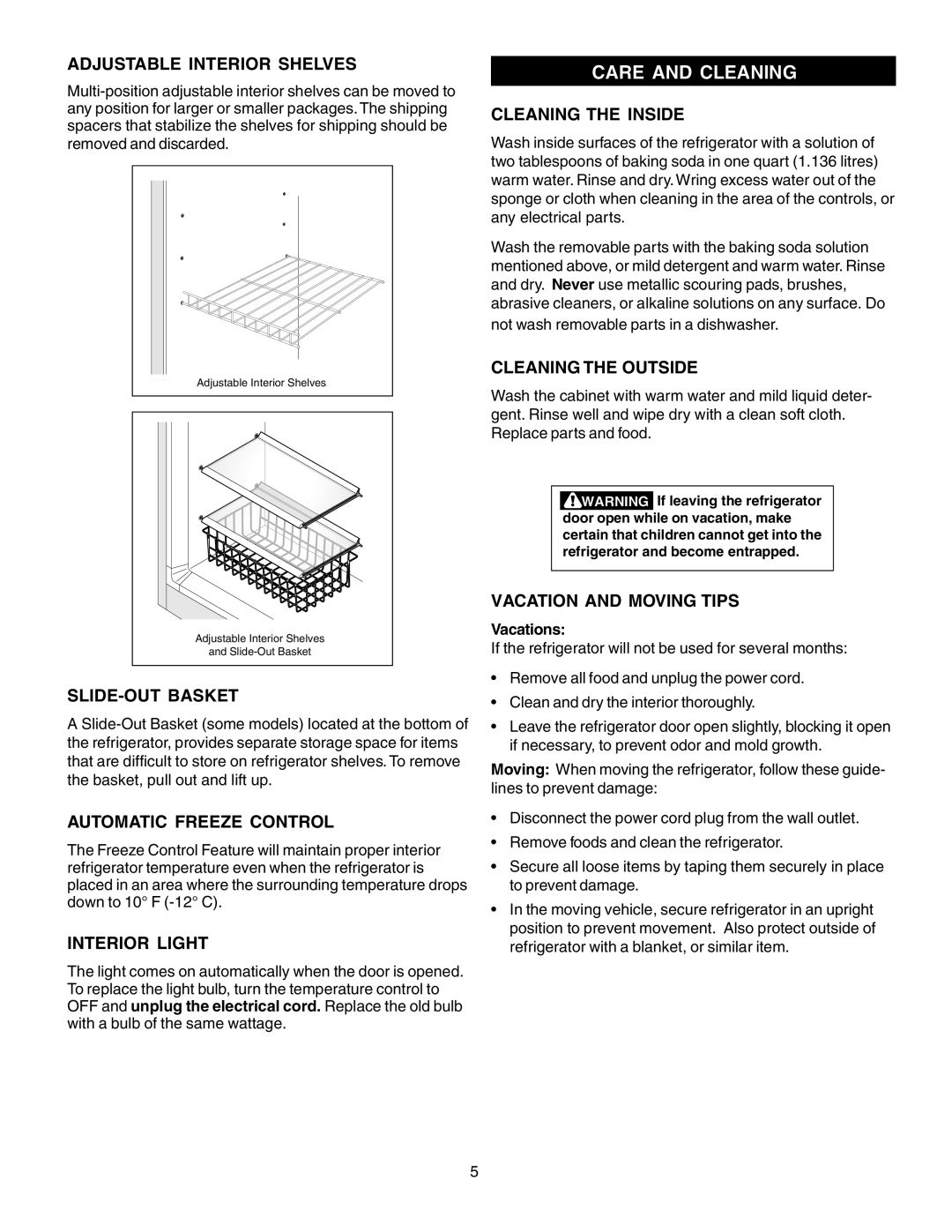 Frigidaire 297081000 warranty Care and Cleaning 