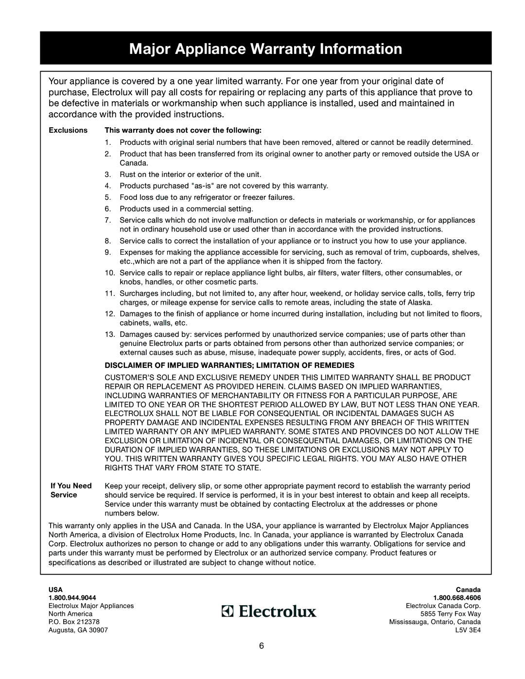 Frigidaire 297081000 warranty Major Appliance Warranty Information 