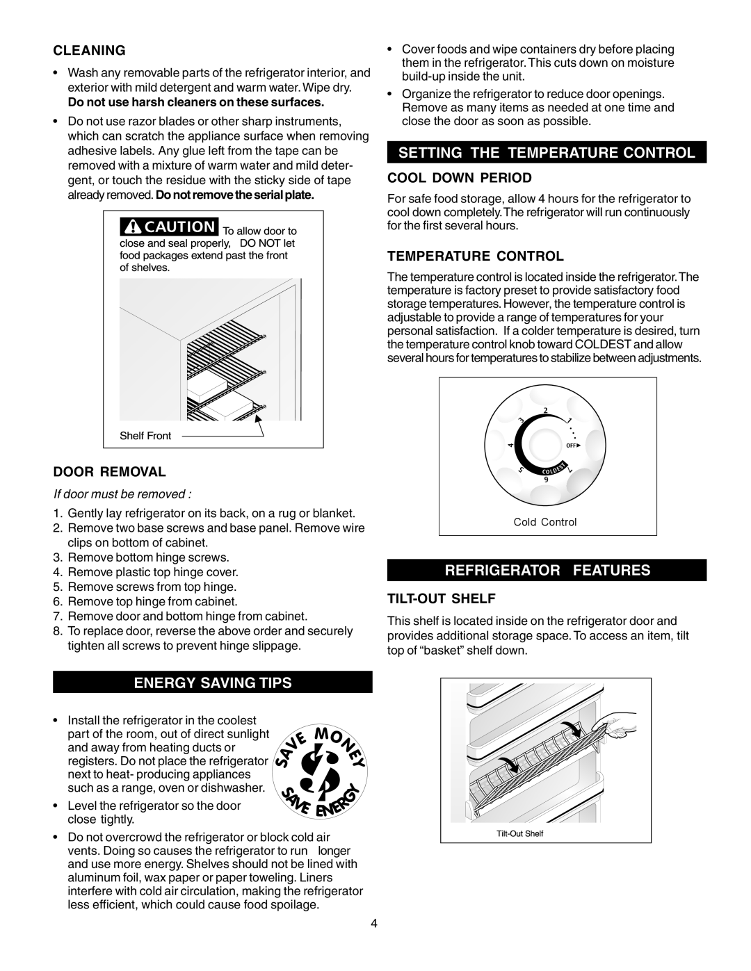 Frigidaire 297081000 Setting The Temperature Control, Energy Saving Tips, Refrigerator Features, Cleaning, Door Removal 