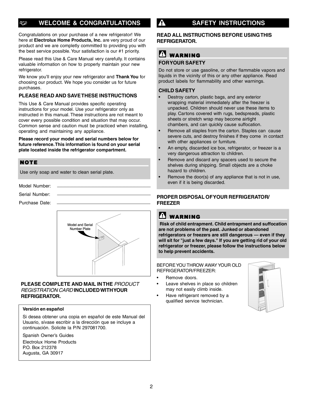 Frigidaire 297081600 Welcome & Congratulations, Safety Instructions, Please Read and Savethese Instructions, Child Safety 