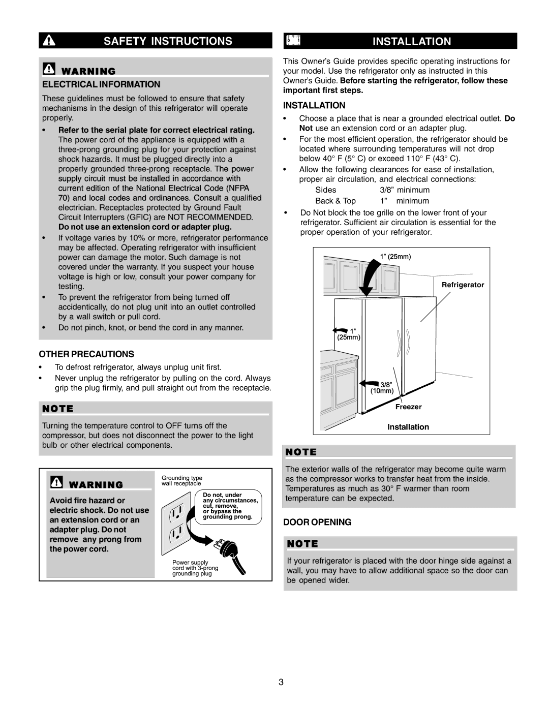 Frigidaire 297081600 warranty Safety Instructions Installation, Electrical Information, Other Precautions, Door Opening 