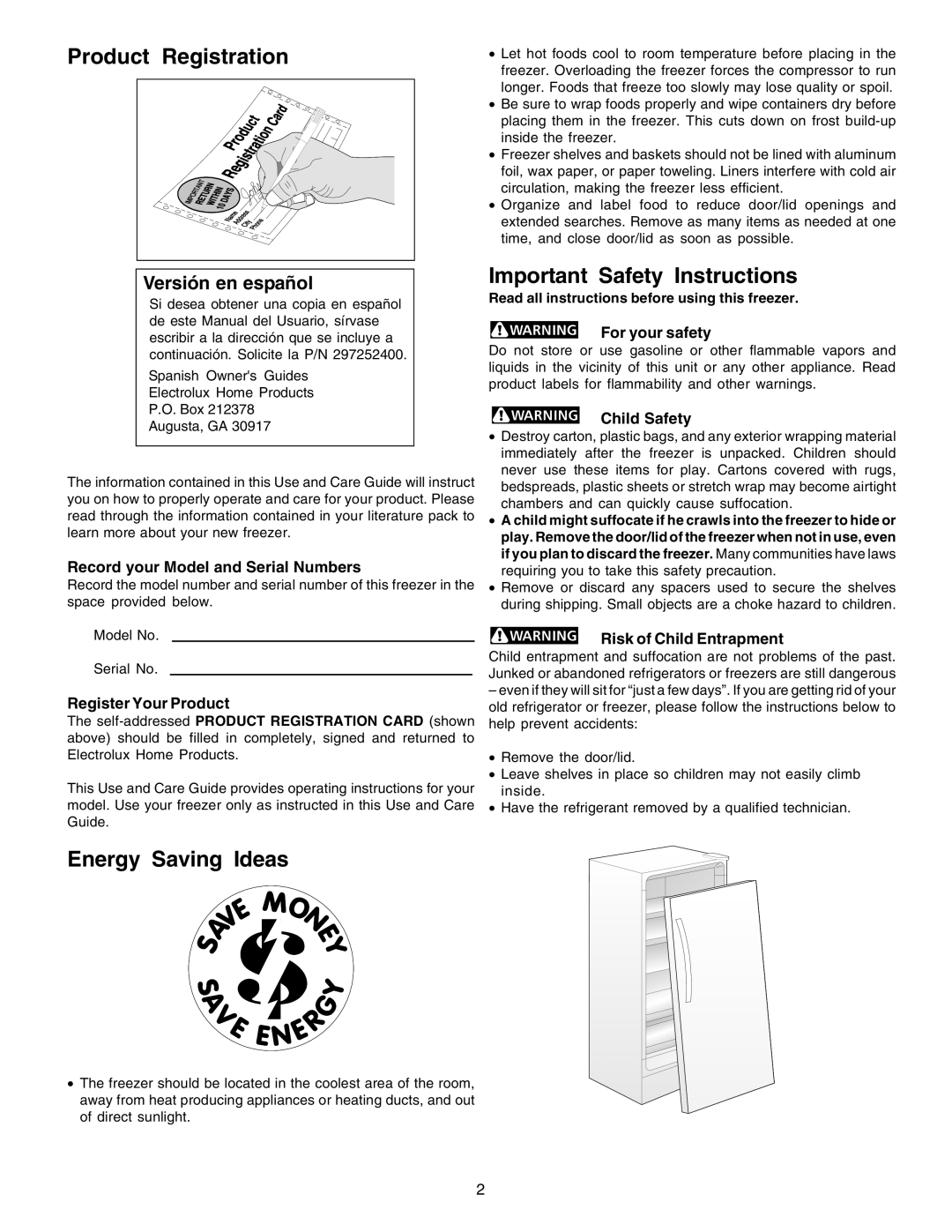 Frigidaire 297245000, FKCH17F7HW important safety instructions Product Registration 