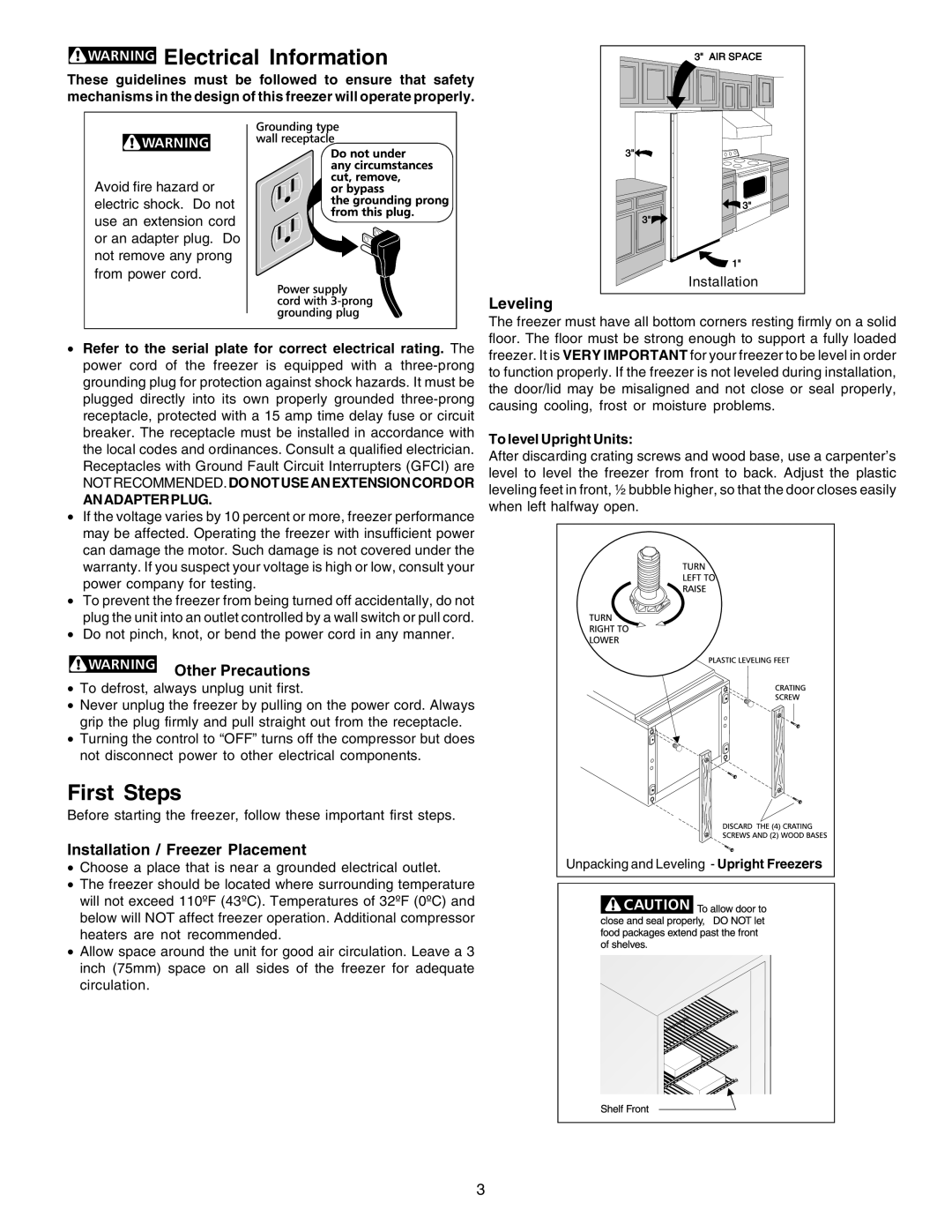 Frigidaire FKCH17F7HW, 297245000 Electrical Information, Other Precautions, Installation / Freezer Placement, Leveling 