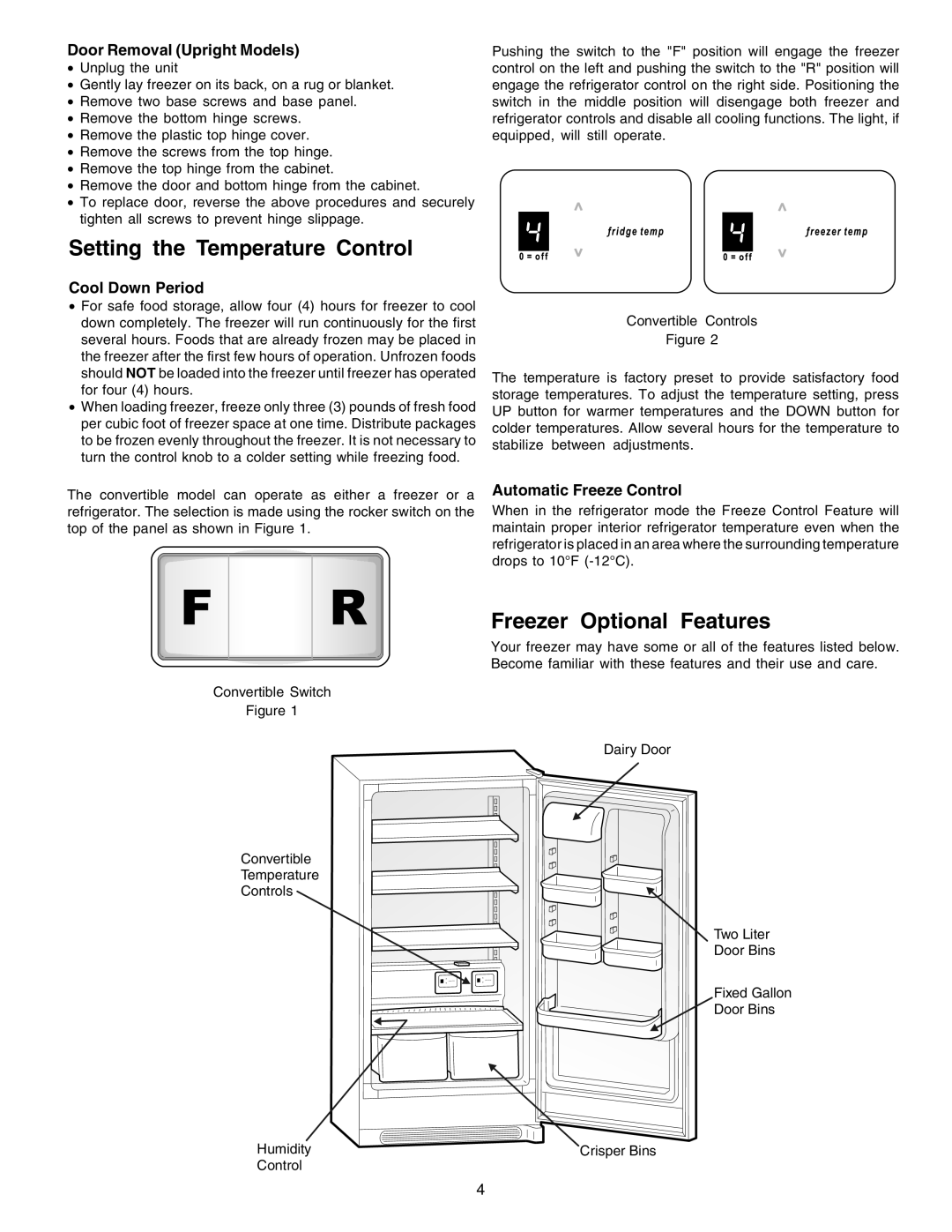 Frigidaire 297245000, FKCH17F7HW Setting the Temperature Control, Door Removal Upright Models, Cool Down Period 