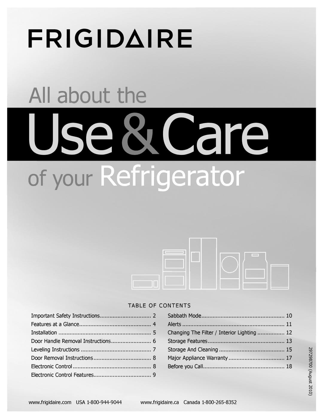 Frigidaire FPRH19D7LF, 297298700 manual Use &Care 