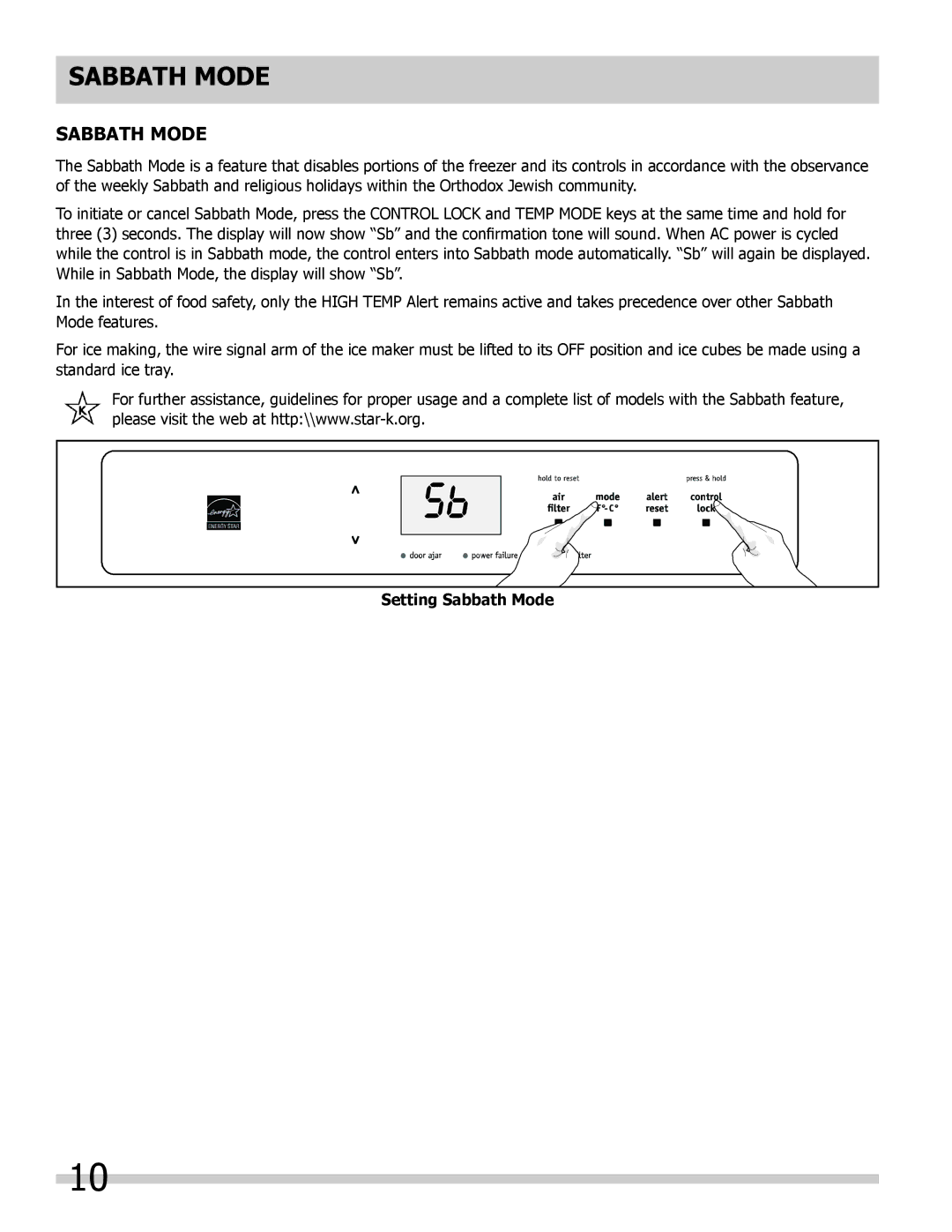 Frigidaire 297298700, FPRH19D7LF manual Sabbath Mode 