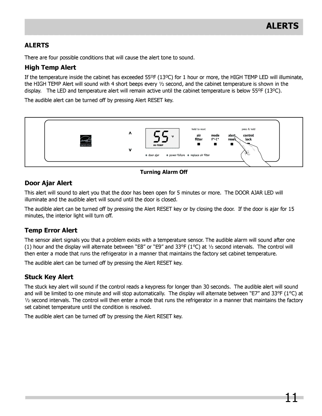 Frigidaire FPRH19D7LF, 297298700 manual Alerts 