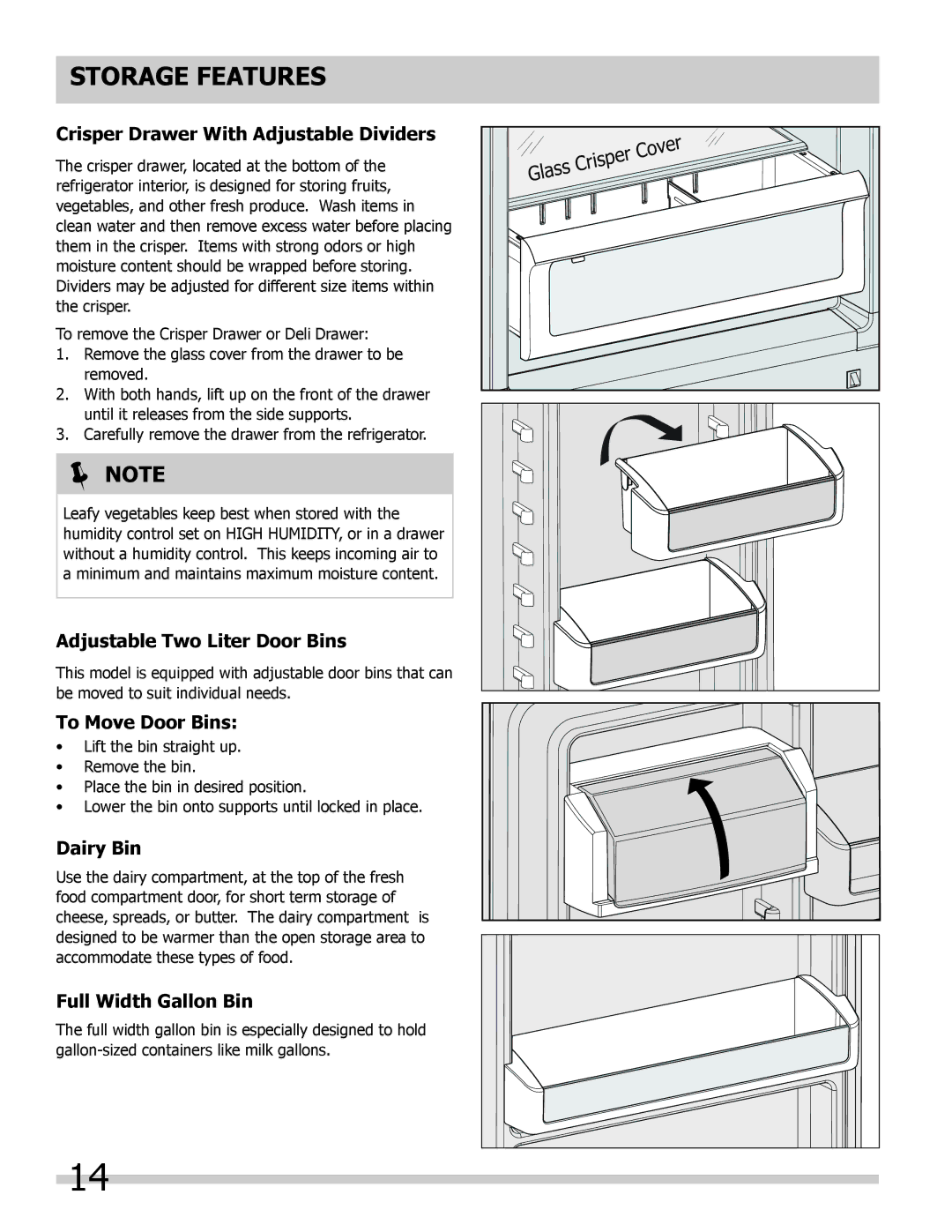 Frigidaire 297298700 Crisper Drawer With Adjustable Dividers, Adjustable Two Liter Door Bins, To Move Door Bins, Dairy Bin 