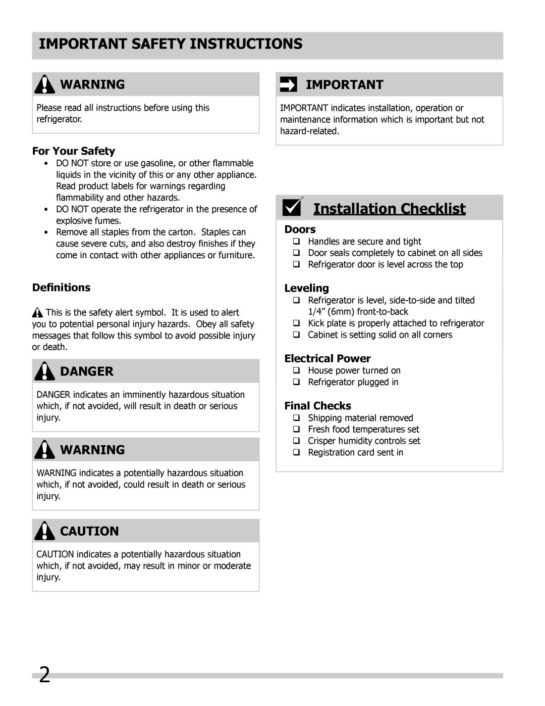 Frigidaire 297298700, FPRH19D7LF manual Important Safety Instructions 