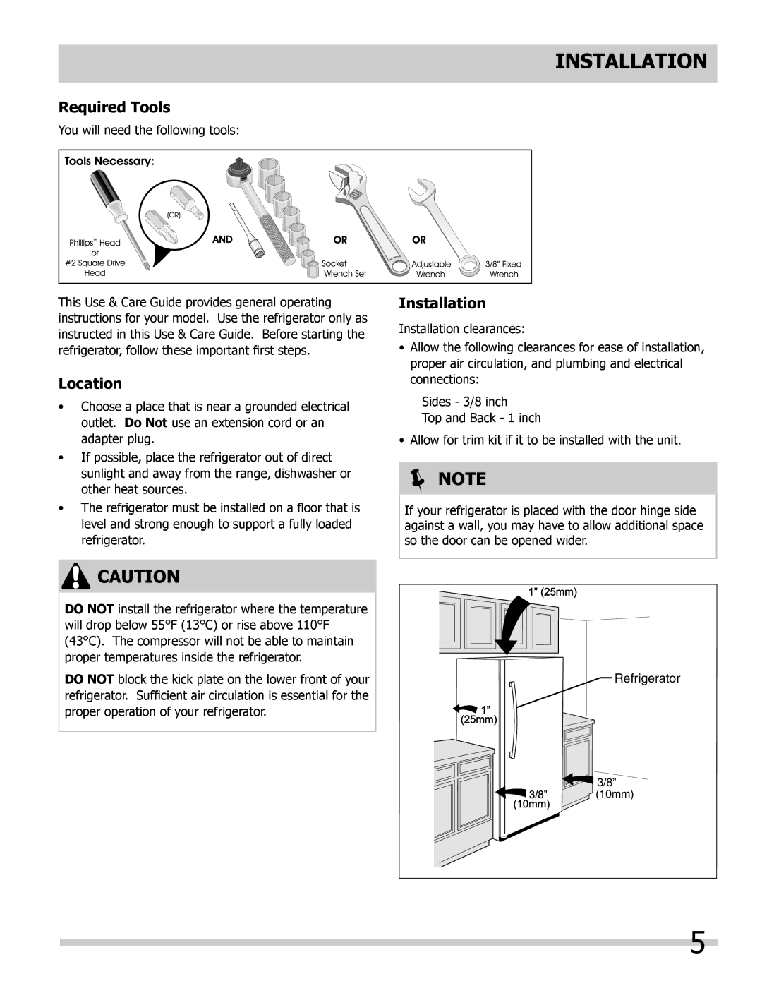 Frigidaire FPRH19D7LF, 297298700 manual Installation, Required Tools, Location 