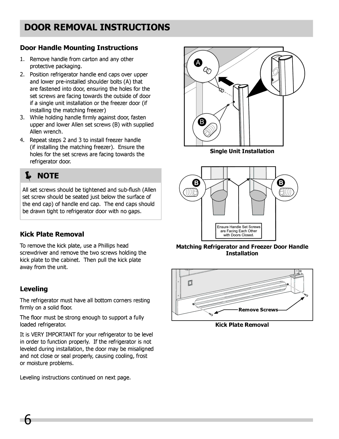 Frigidaire 297298700, FPRH19D7LF manual Door Removal Instructions, Door Handle Mounting Instructions, Kick Plate Removal 