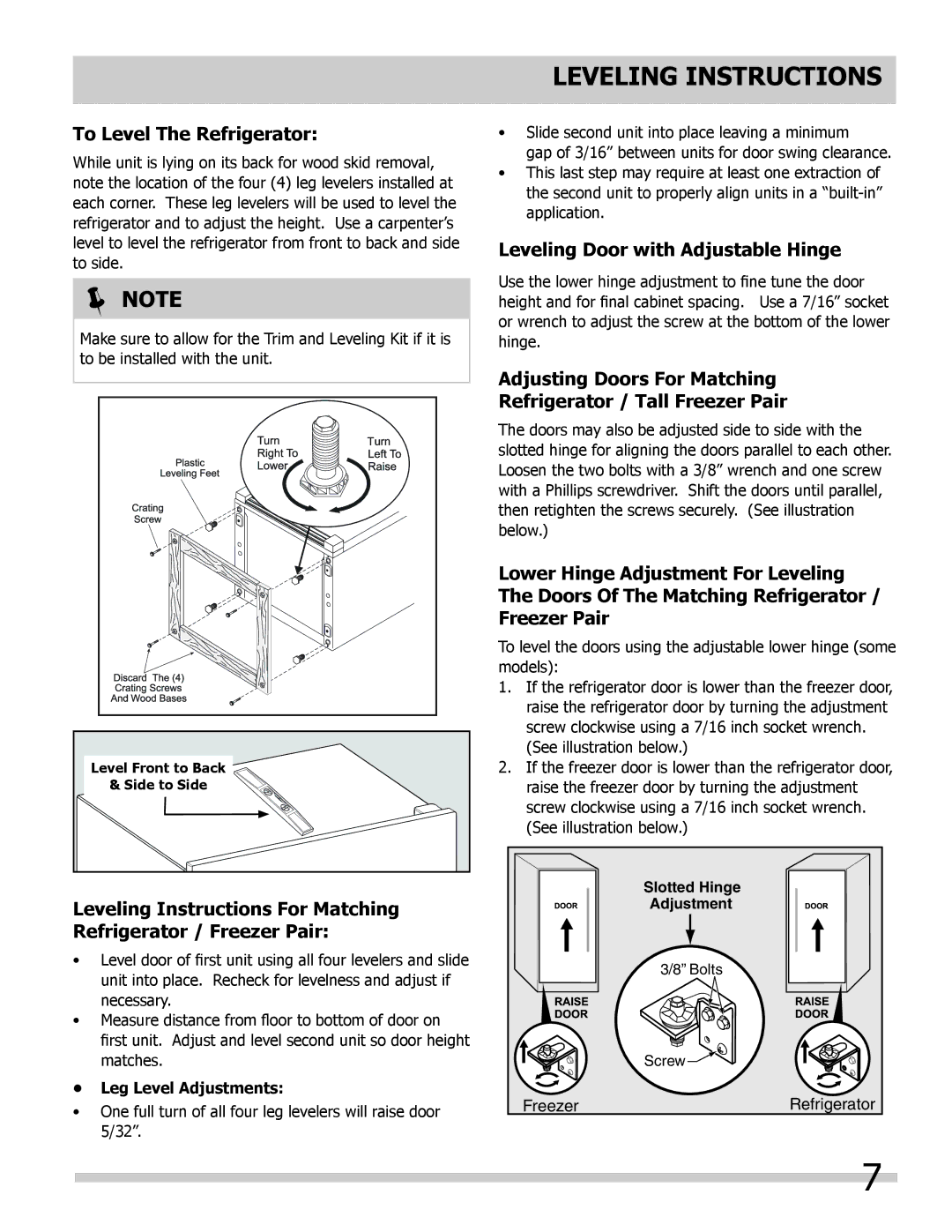 Frigidaire FPRH19D7LF, 297298700 Leveling Instructions, To Level The Refrigerator, Leveling Door with Adjustable Hinge 