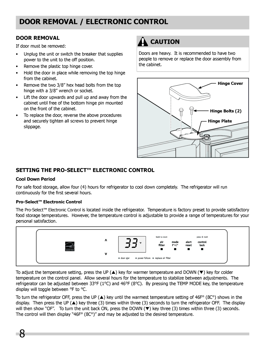 Frigidaire 297298700, FPRH19D7LF manual Door Removal / Electronic Control, Setting the PRO-SELECT Electronic Control 