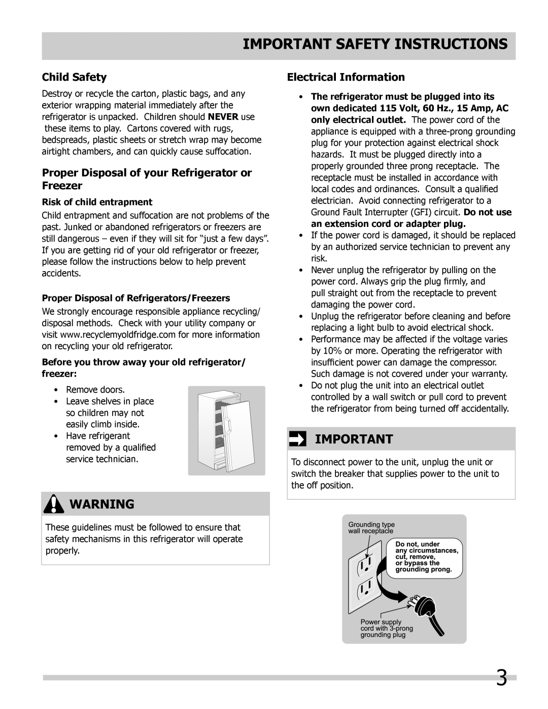 Frigidaire FPRH19D7LF, 297298700 Child Safety, Proper Disposal of your Refrigerator or Freezer, Electrical Information 