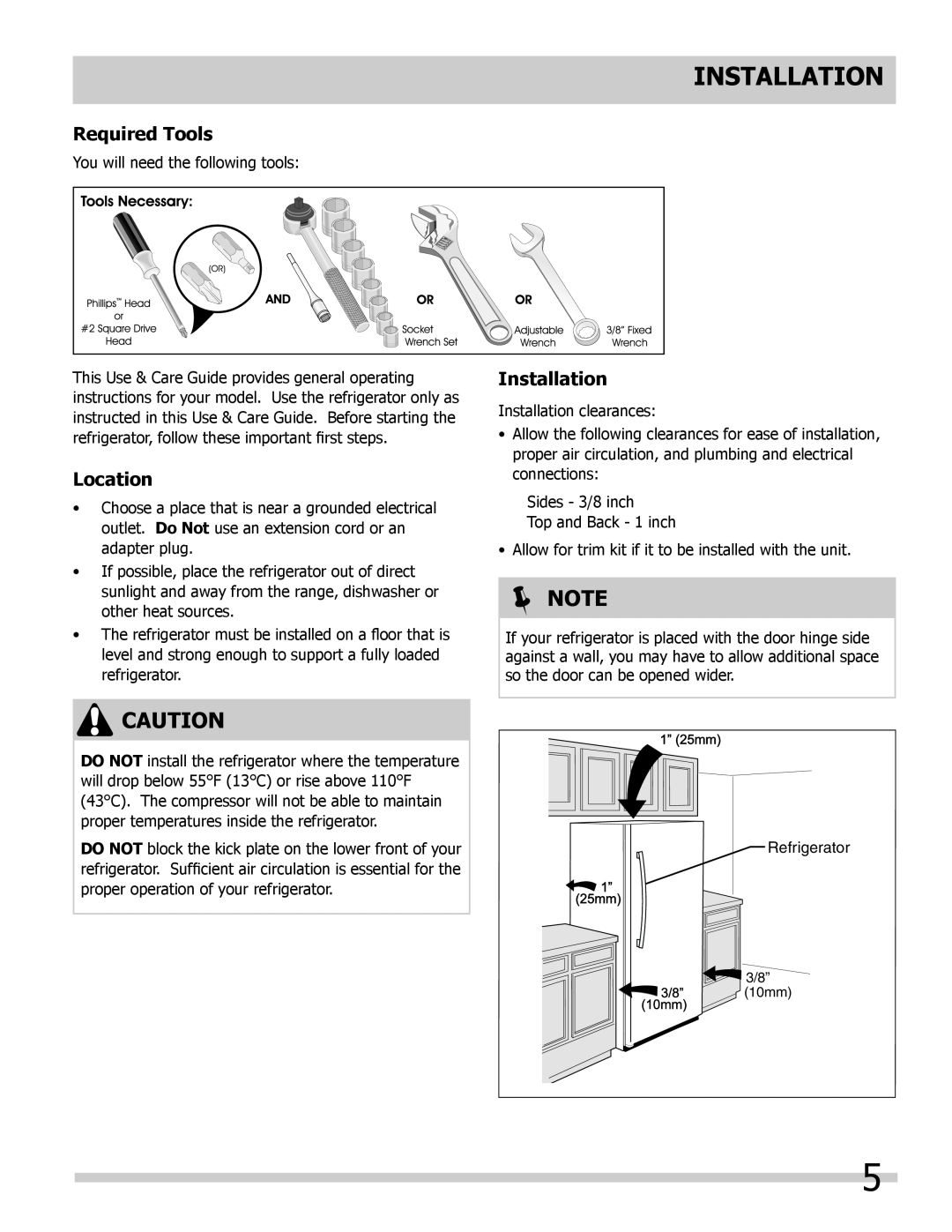 Frigidaire FPRH19D7LF, 297298700 manual Installation, Required Tools, Location,  Note 