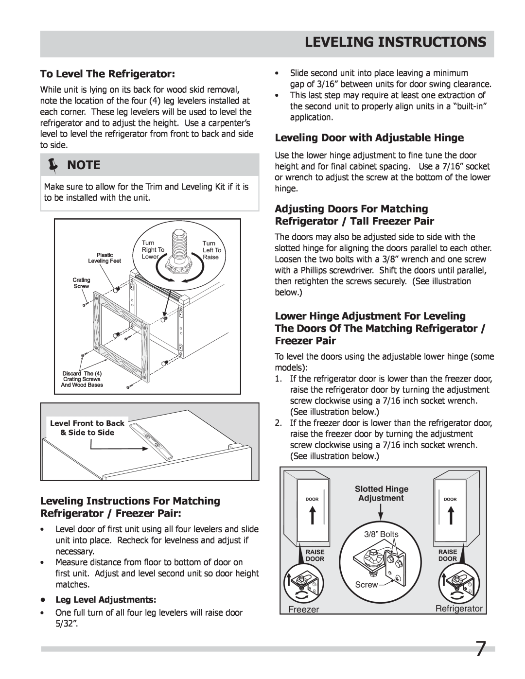 Frigidaire FPRH19D7LF manual Leveling Instructions, To Level The Refrigerator, Leveling Door with Adjustable Hinge,  Note 
