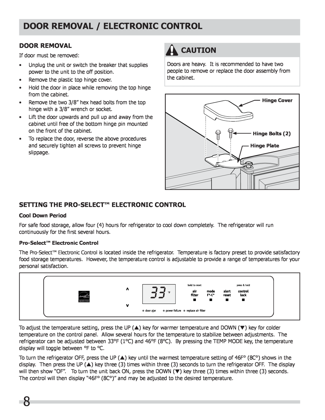 Frigidaire 297298700, FPRH19D7LF manual Door Removal / Electronic Control, Setting The Pro-Select Electronic Control 