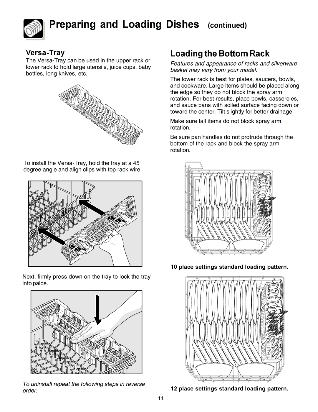 Frigidaire 3000 warranty Loading the Bottom Rack, Versa-Tray 