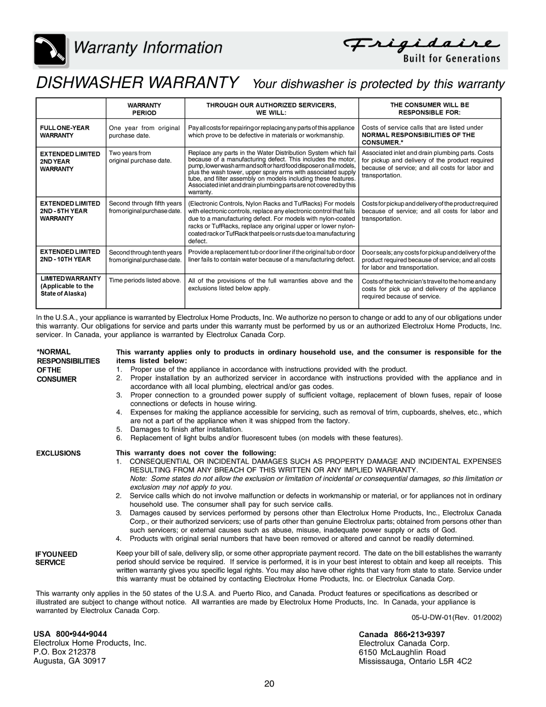 Frigidaire 3000 warranty Warranty Information 