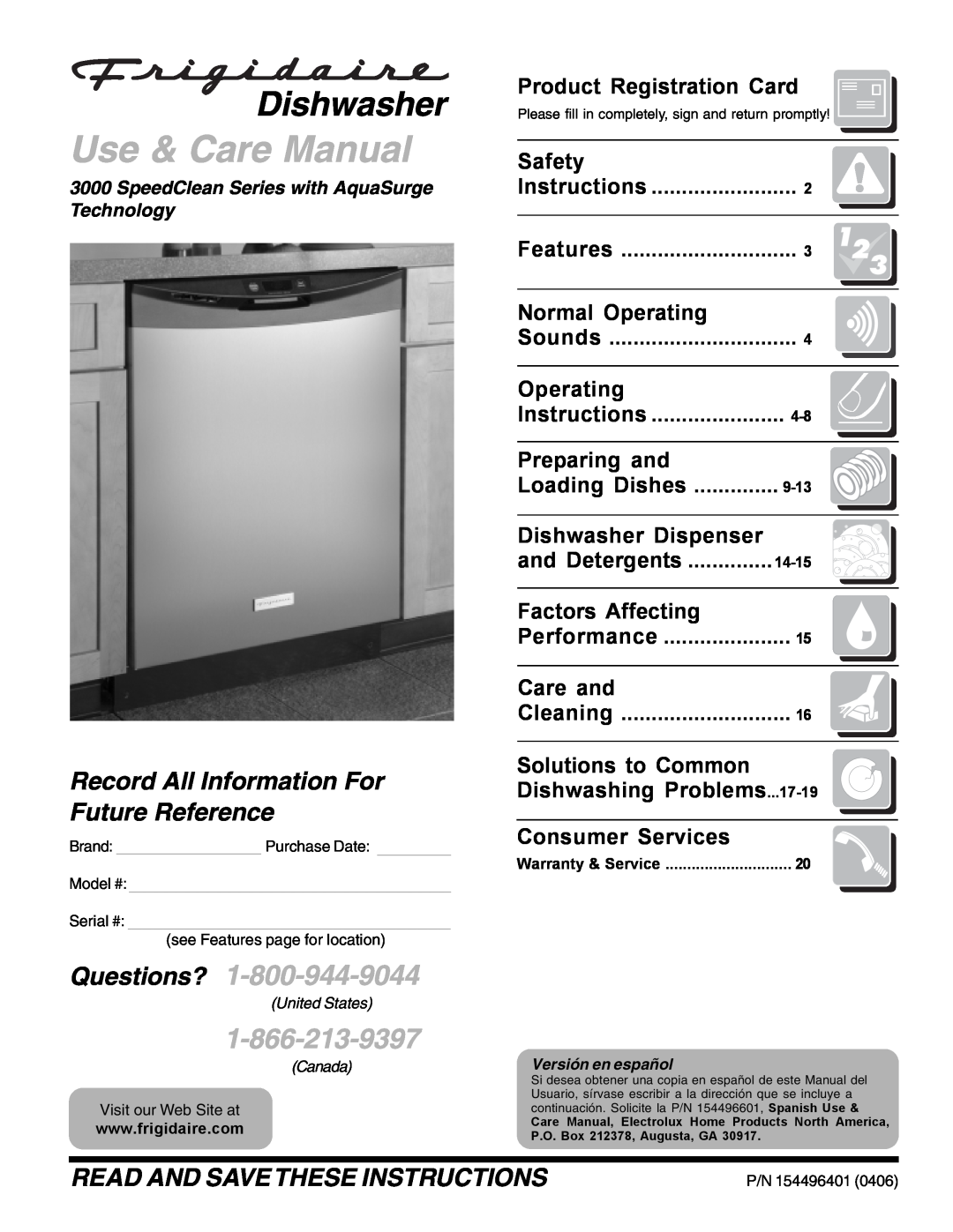 Frigidaire 3000 warranty Product Registration Card, Safety, Normal Operating, Preparing and, Loading Dishes, Care and 
