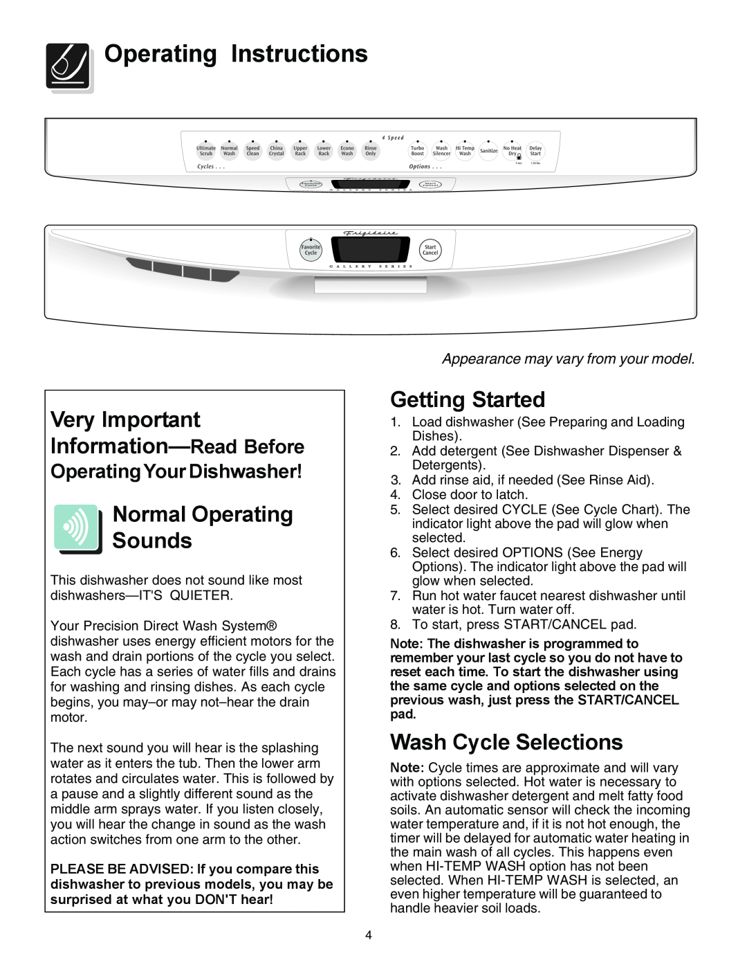 Frigidaire 3000 Operating Instructions, Very Important Information-Read Before, Normal Operating Sounds, Getting Started 