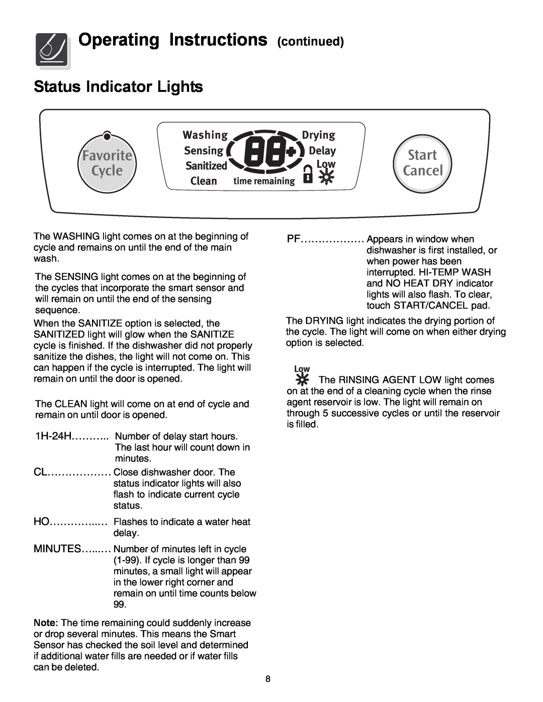 Frigidaire 3000 warranty Status Indicator Lights, Operating Instructions continued 