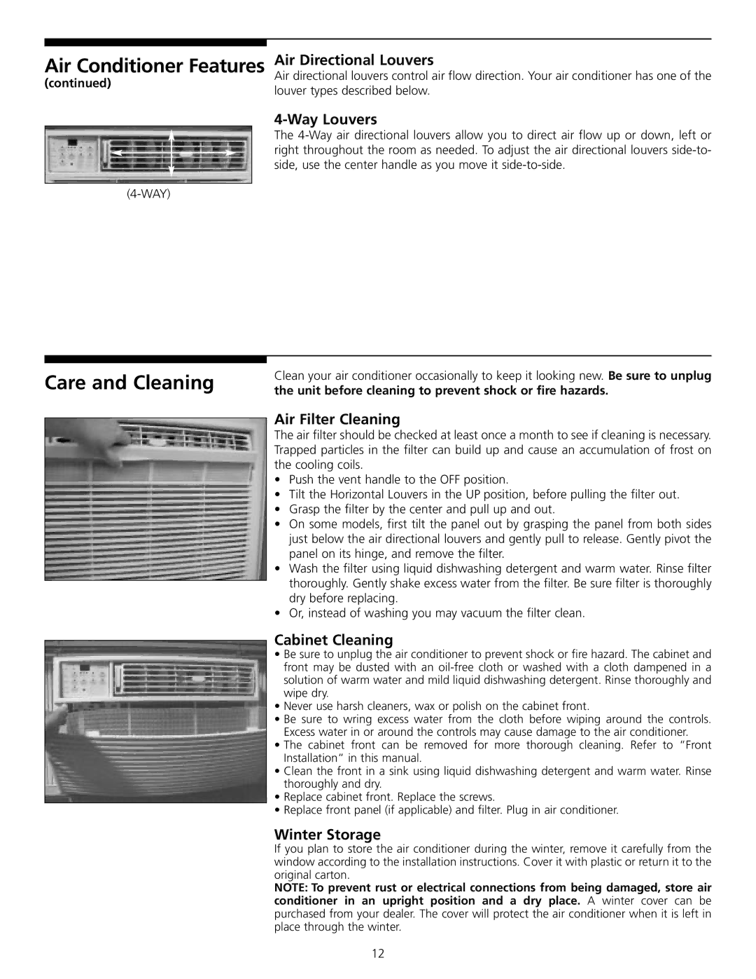 Frigidaire 309000848 manual Air Conditioner Features Air Directional Louvers, Care and Cleaning 