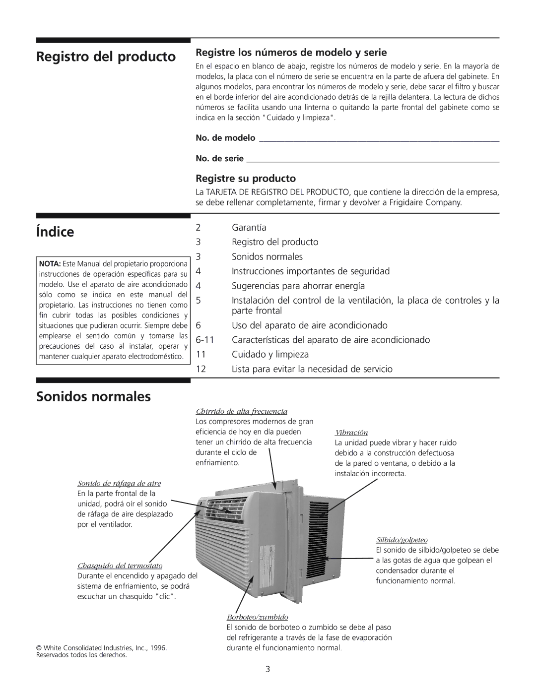 Frigidaire 309000848 manual Índice, Sonidos normales, Registre su producto 