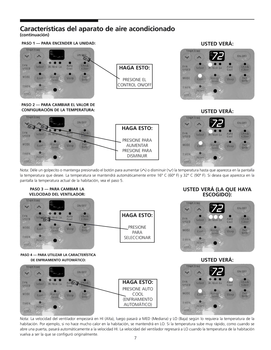 Frigidaire 309000848 manual Características del aparato de aire acondicionado, Haga Esto, Usted Verá 