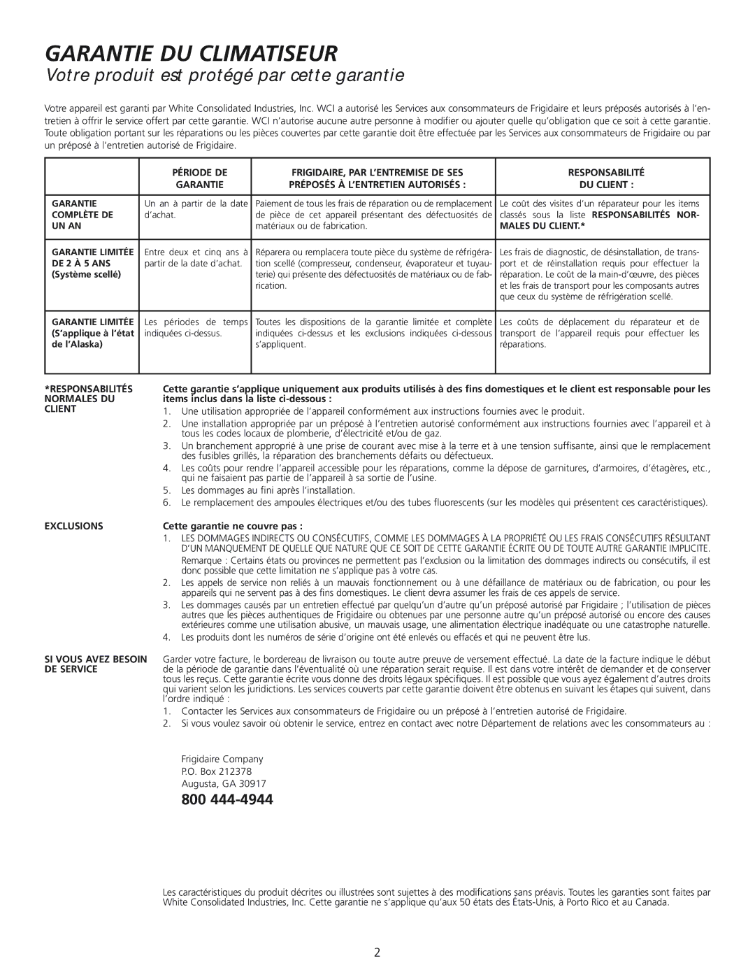 Frigidaire 309000848 manual Garantie DU Climatiseur, 800 