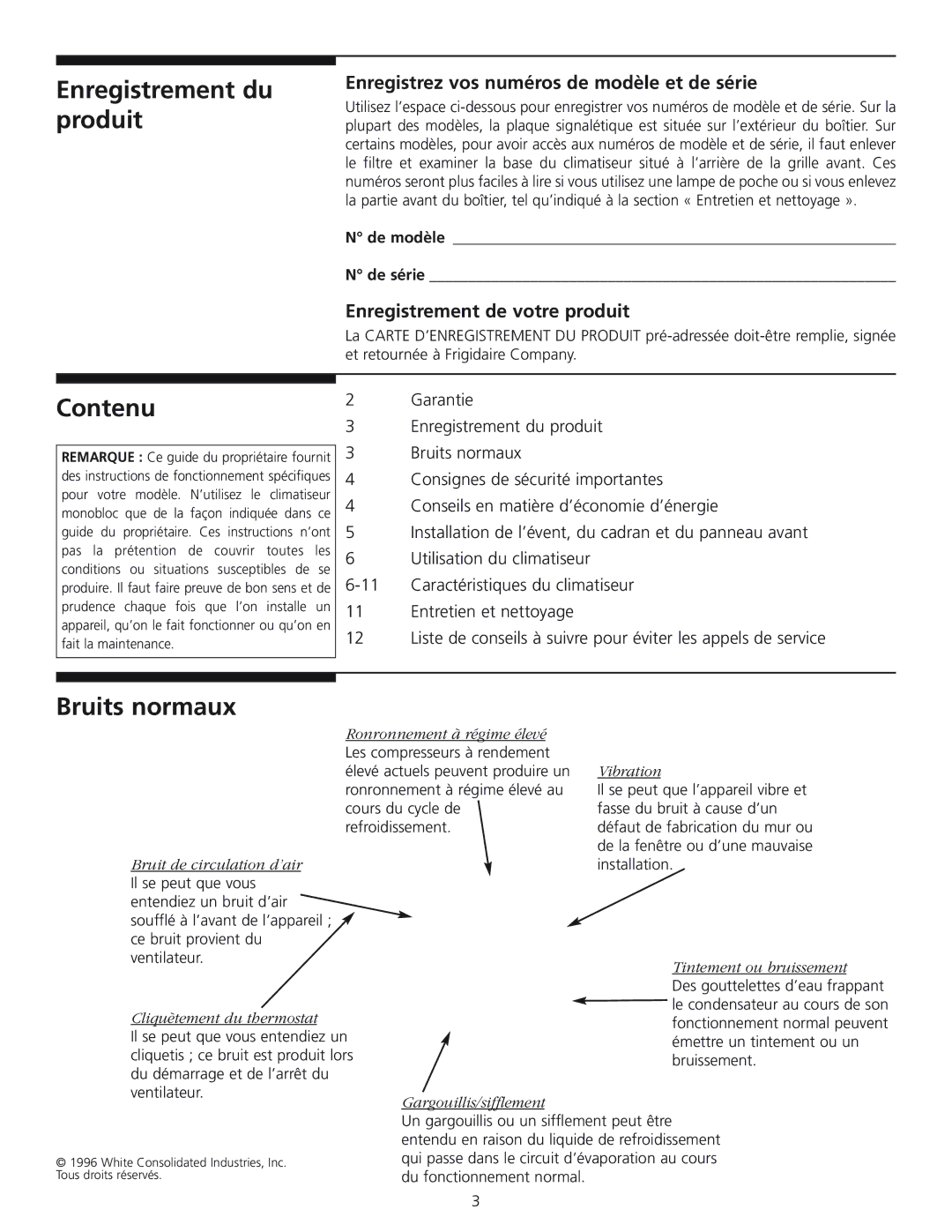 Frigidaire 309000848 Enregistrement du produit, Contenu, Bruits normaux, Enregistrez vos numéros de modèle et de série 