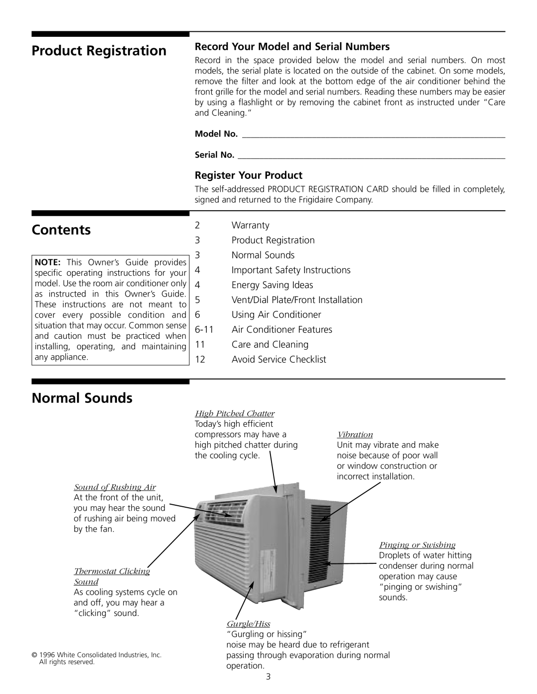 Frigidaire 309000848 manual Product Registration, Contents, Normal Sounds 