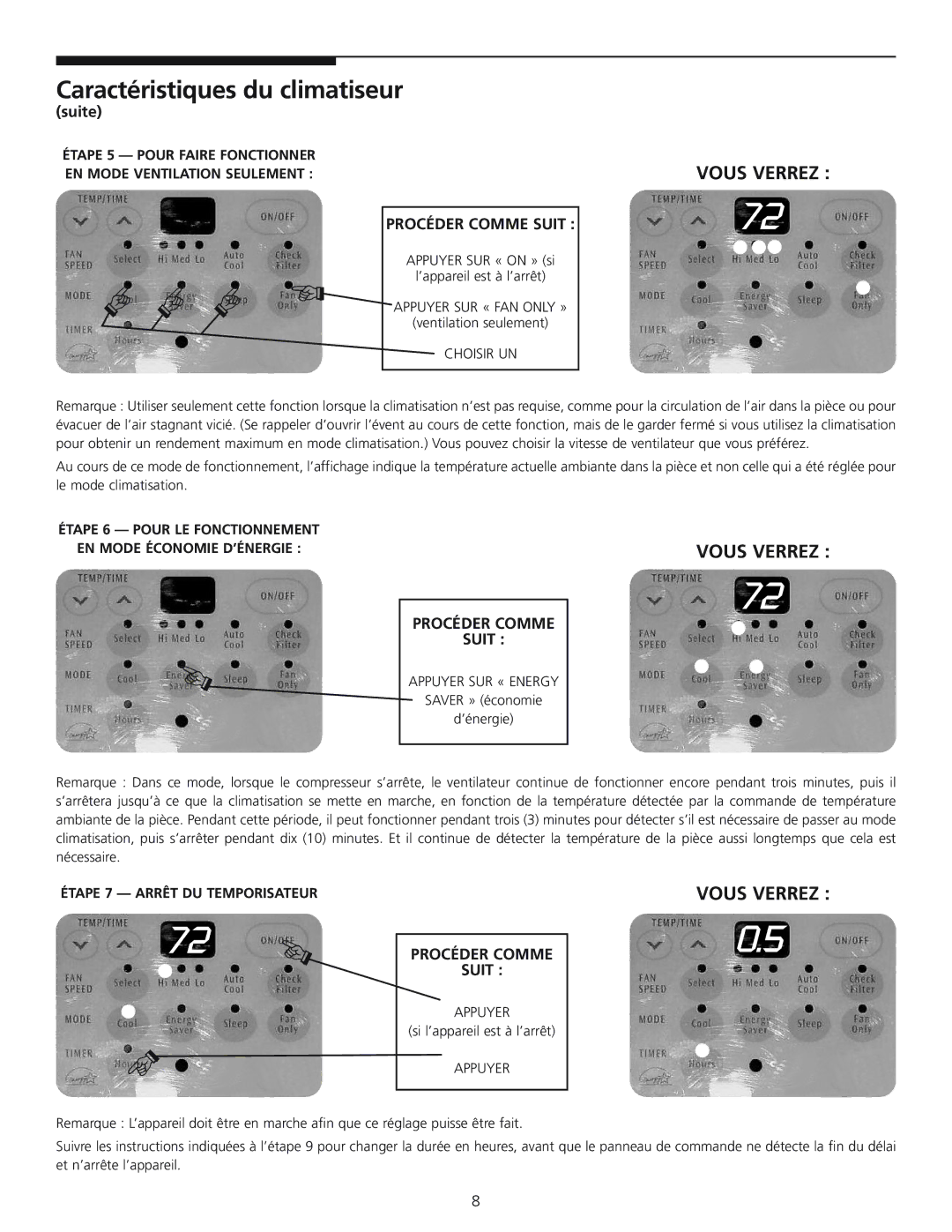Frigidaire 309000848 manual Appuyer SUR « FAN only », Choisir UN, Appuyer SUR « Energy 