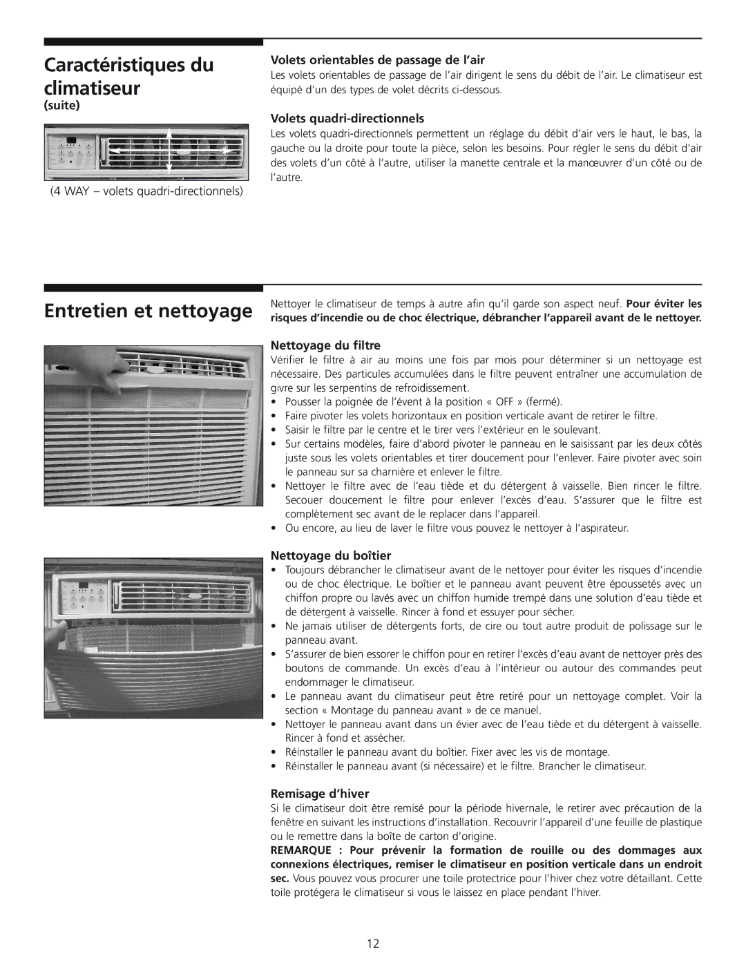 Frigidaire 309000848 manual Entretien et nettoyage, Suite Volets orientables de passage de l’air 