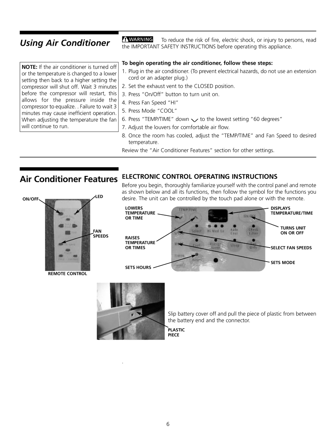 Frigidaire 309000848 manual Air Conditioner Features, Electronic Control Operating Instructions 