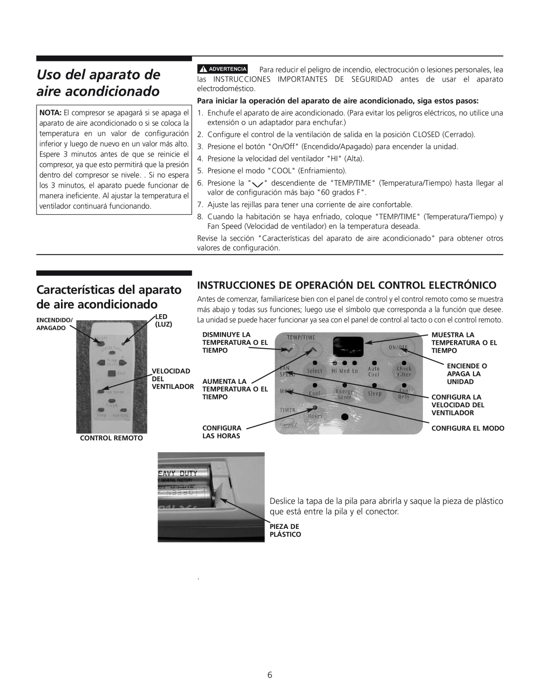 Frigidaire 309000848 Características del aparato de aire acondicionado, Instrucciones De Operación Del Control Electrónico 