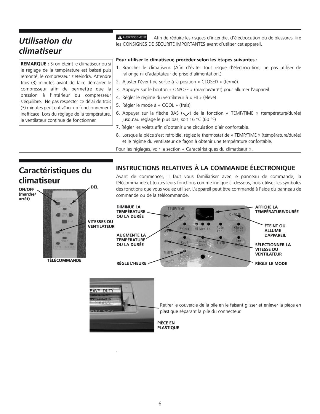 Frigidaire 309000848 manual Utilisation du climatiseur, Caractéristiques du climatiseur 