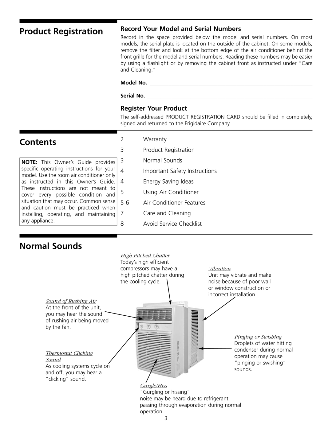 Frigidaire 309000854 manual Product Registration, Contents, Normal Sounds 