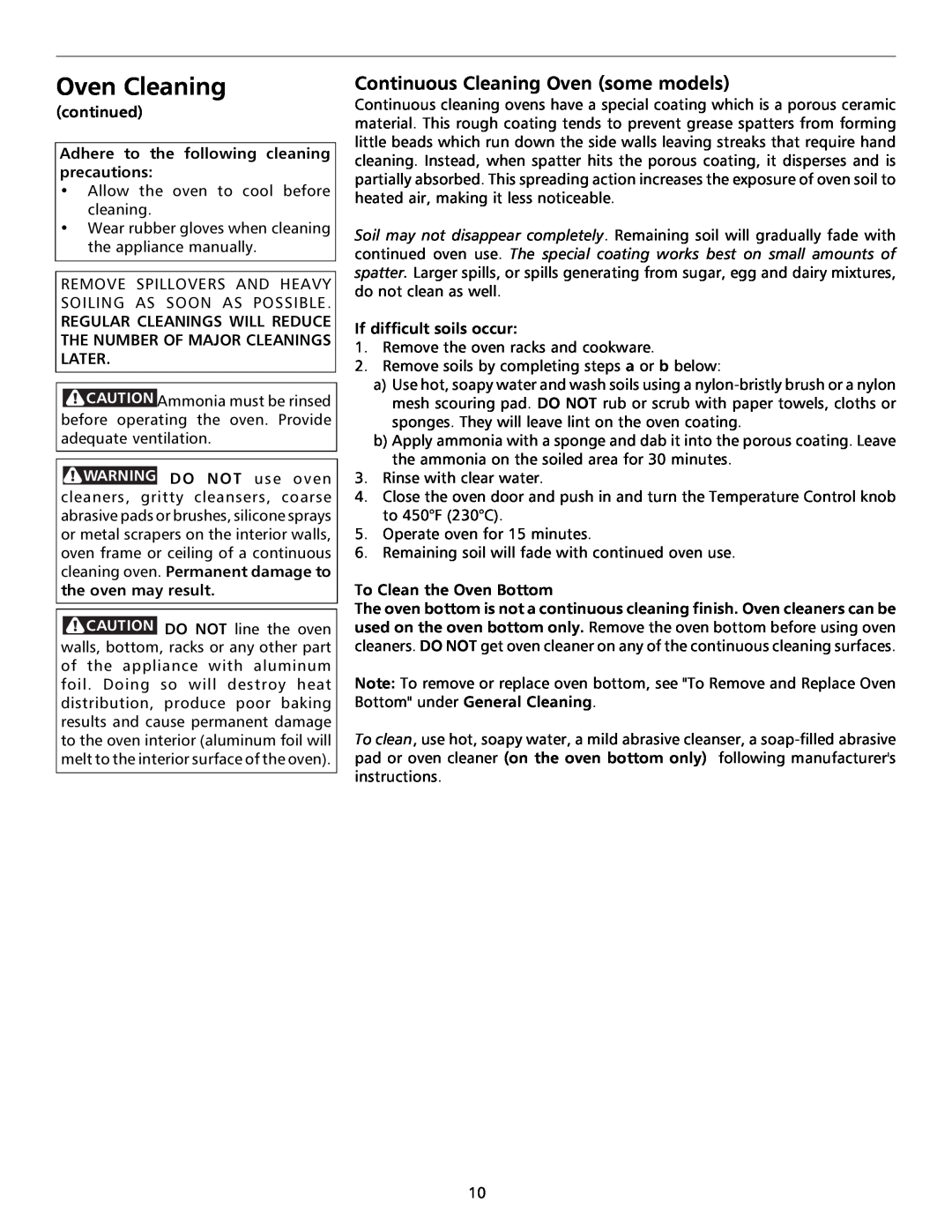 Frigidaire 316000291 (9902) Continuous Cleaning Oven some models, continued, Adhere to the following cleaning precautions 